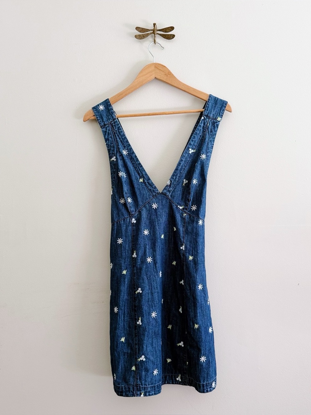 Free People Corrine Floral Embroidered Mini Denim Dress Criss Cross Back